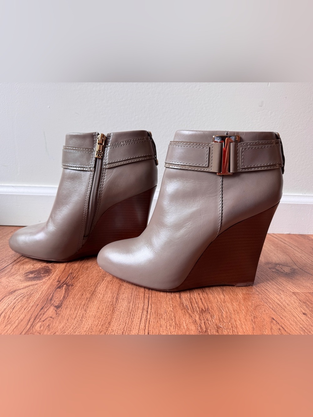 Tory Burch Taupe Leather Wedge Ankle Boots with Buckle